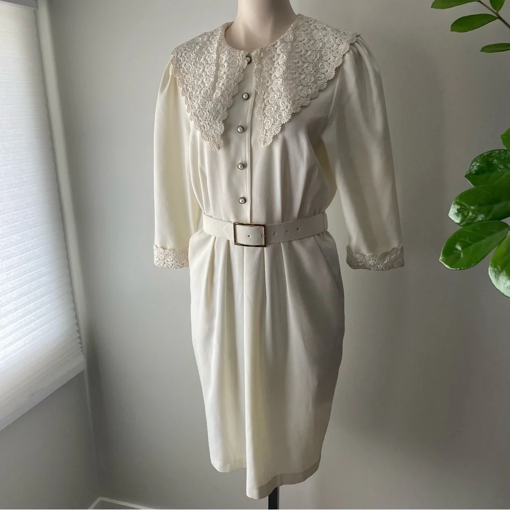 80s Vintage Missy First Montreal Lace Collar Modi Dress Button Down Cream Medium - Picture 8 of 13